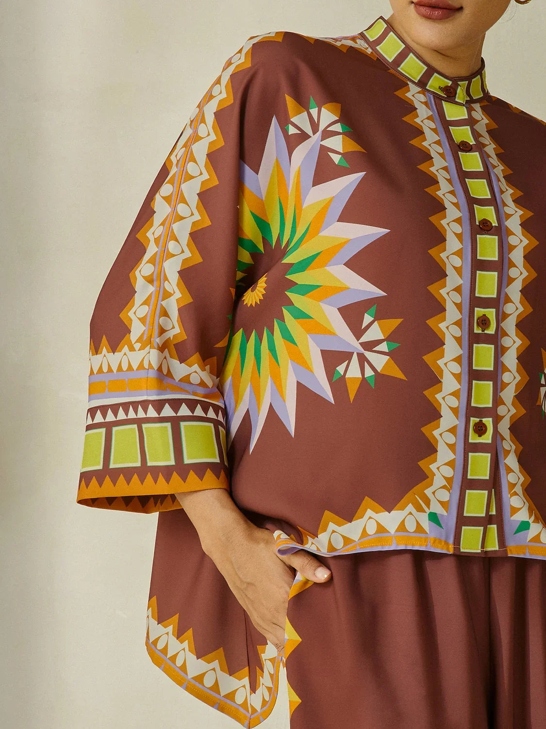 Brown Bohemian Geometric Graphic Satin Shirt