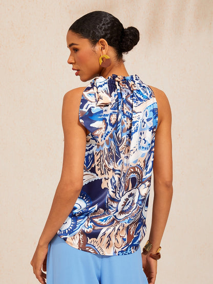 Hawaii Palm Silky Satin Floral Sleeveless Top