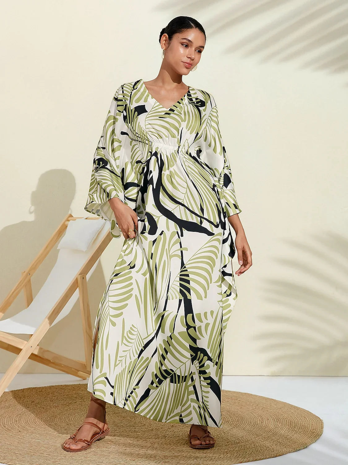 Satin Artistic Print Kaftan Maxi Dress