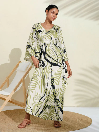 Satin Artistic Print Kaftan Maxi Dress