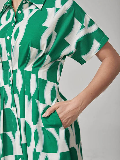 Vintage Green Geometric Pleated Shirt Dress