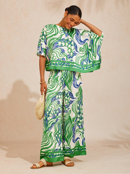 Wild Hibiscus Dream Silky Satin Wide Leg Pants