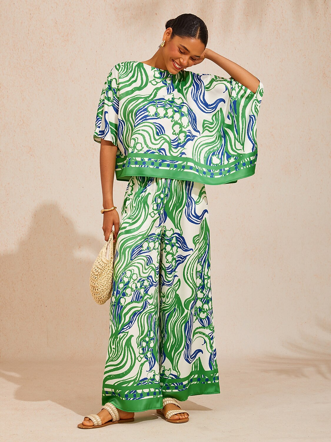 Azure Leaves Silky Satin Wide Leg Pants