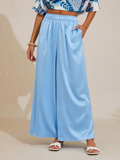 Silky Satin Blue Elastic Waist Wide Leg Pants