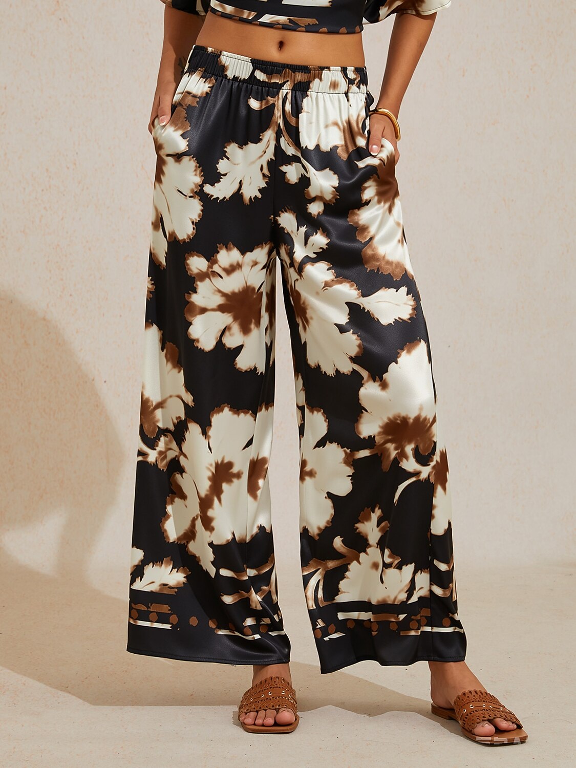 Sepia Noir Bloom Silky Satin Wide Leg Pants