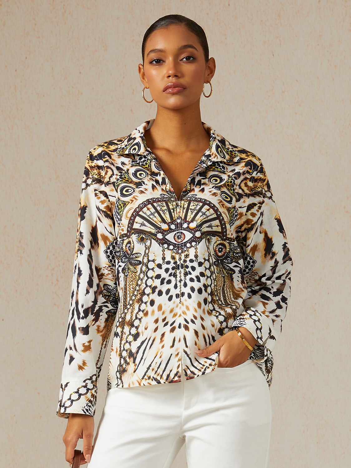 Vintage Leopard Jewelry Linen Look Blouse