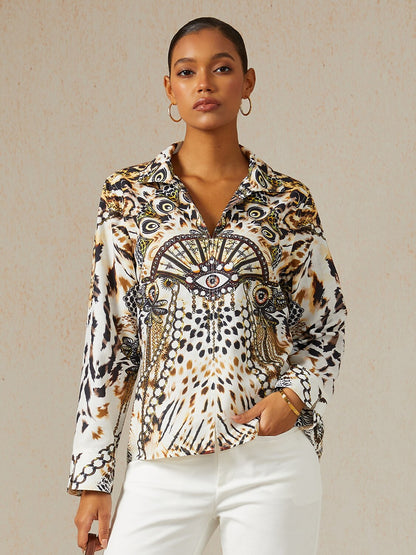 Vintage Leopard Jewelry Linen Look Blouse