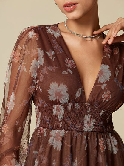 V-Neck Floral Mesh Maxi Dress