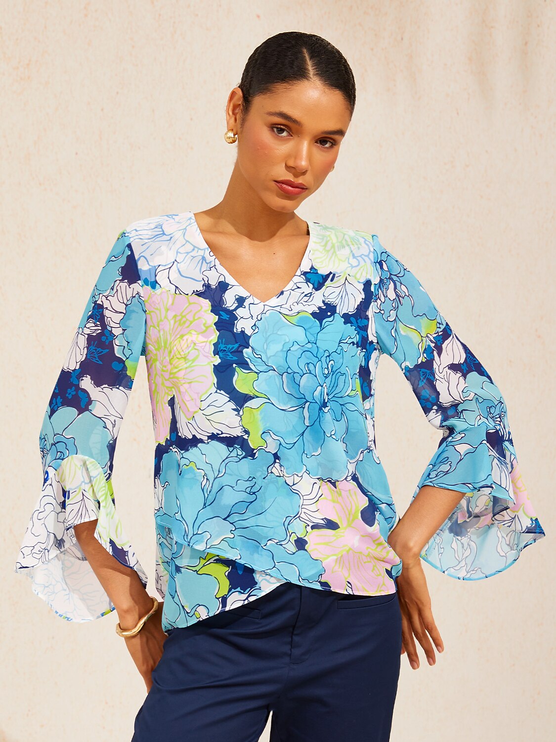 Pastel Wash Peony Flowy Chiffon Blouse
