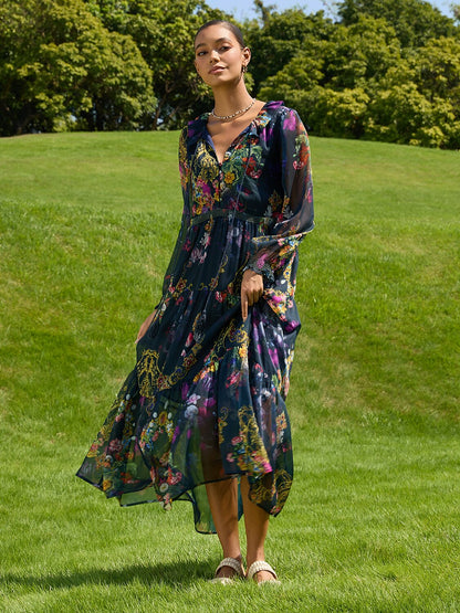 Midnight Jewel Bloom Flowy Chiffon Maxi Dress