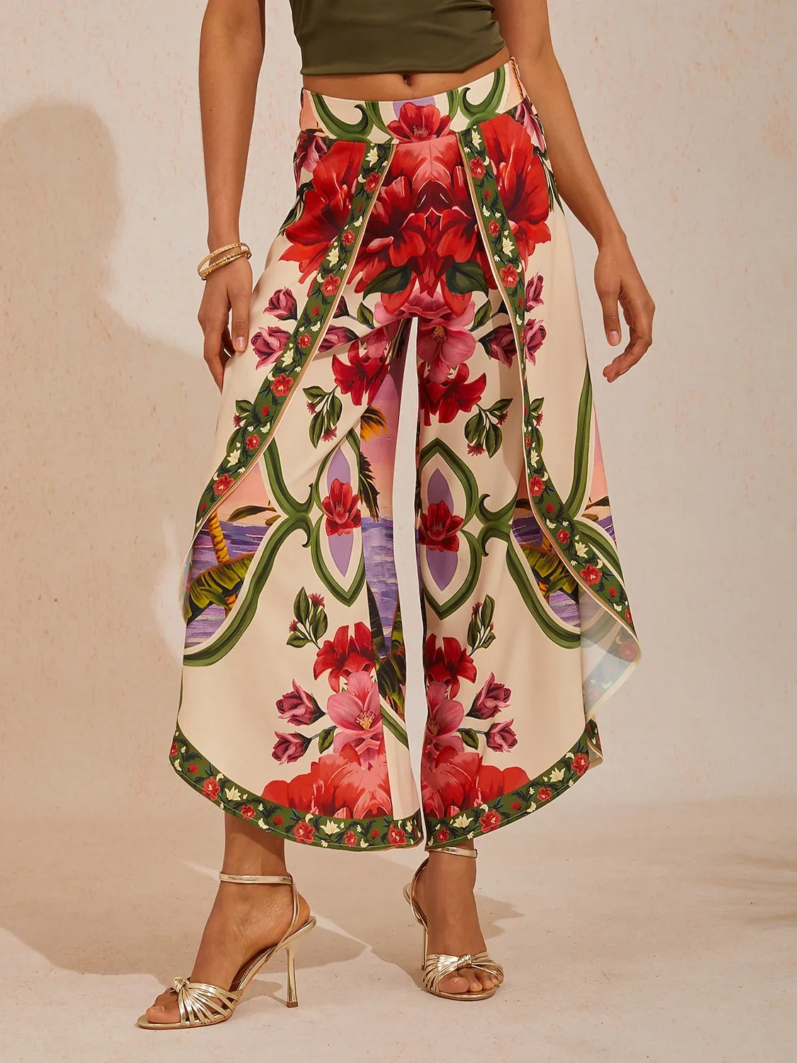 Hawaii Palm Silky Satin Floral Pants