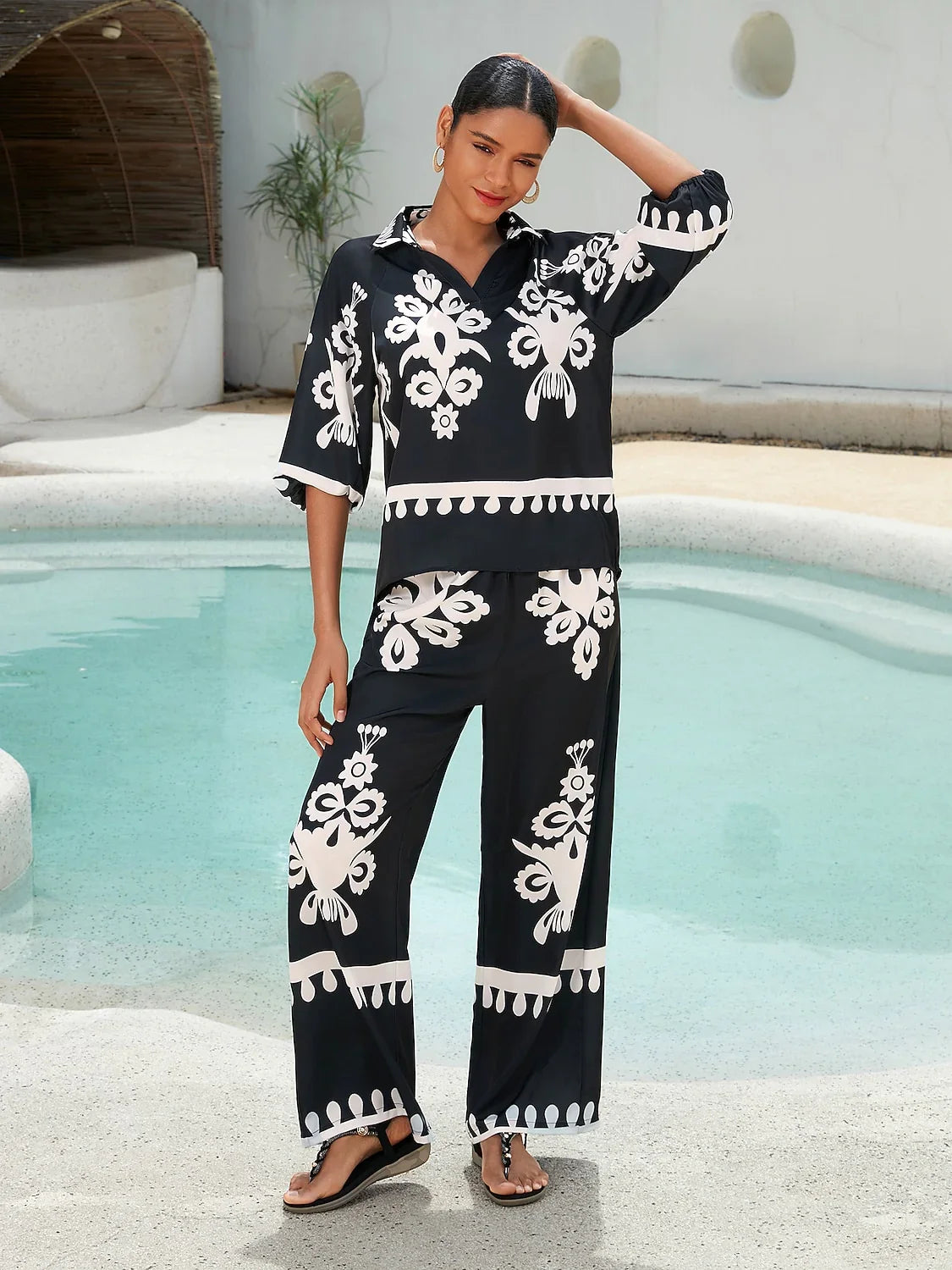 Black Ethnic Print Straight Leg Satin Pants