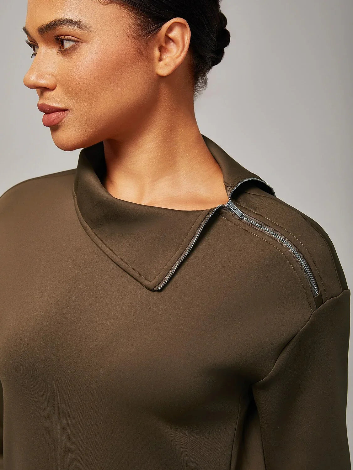 Brown Stretch Knit Zip Slit High Neck Top