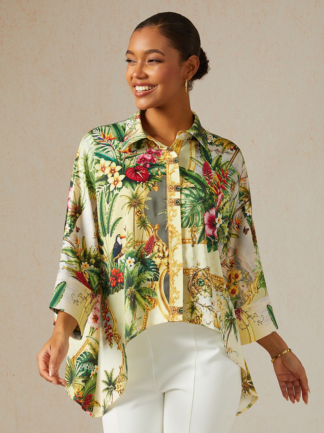 Verdant Garden Muse Silky Satin Oversized Shirt
