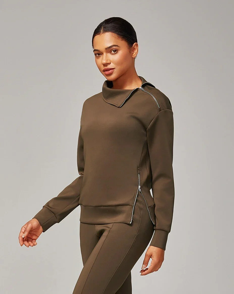 Brown Stretch Knit Zip Slit High Neck Top