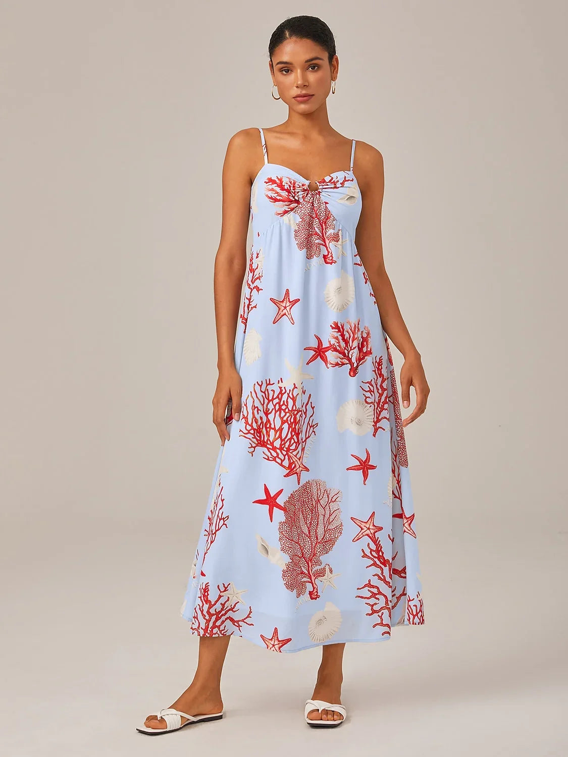 Robe maxi cami en mousseline thème océan rouge