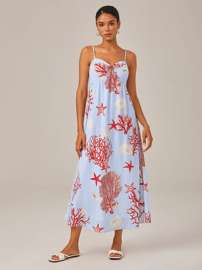 Rotes Chiffon-Maxikleid mit Ozeanmotiv und Spaghettiträgern