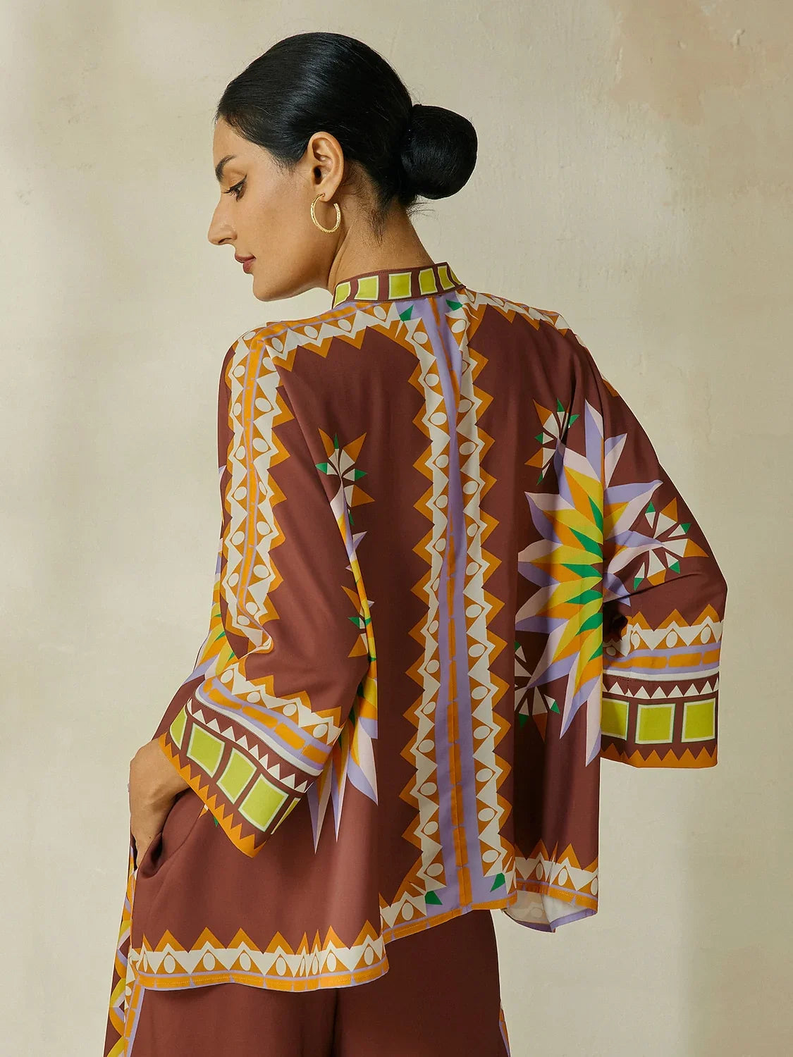 Brown Bohemian Geometric Graphic Satin Shirt