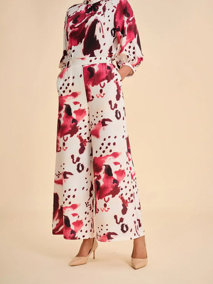 Burgundy Abstract Print Elastic Gathered Wide-Leg Pants