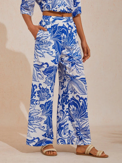 St Barth Blooms Airy Linen Look Blue Wide-Leg Pants
