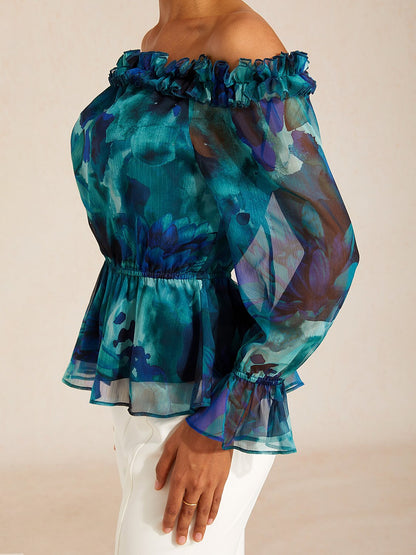 Wild Hibiscus Dream Flowy Chiffon Off-Shoulder Top