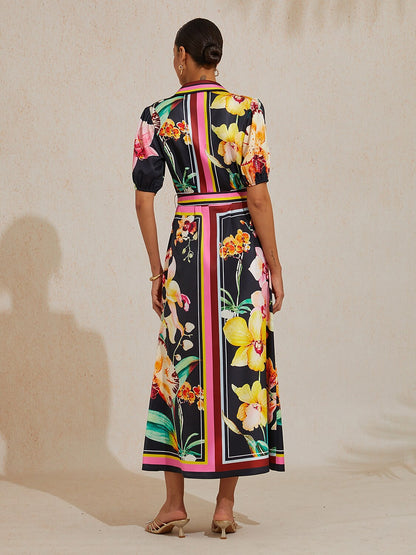 Midnight Floral Carnival Silky Satin Midi Dress