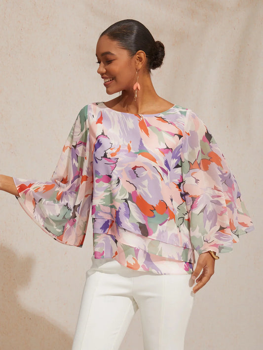 Spring Blooms Flowy Chiffon Layered Design Pink Blouse
