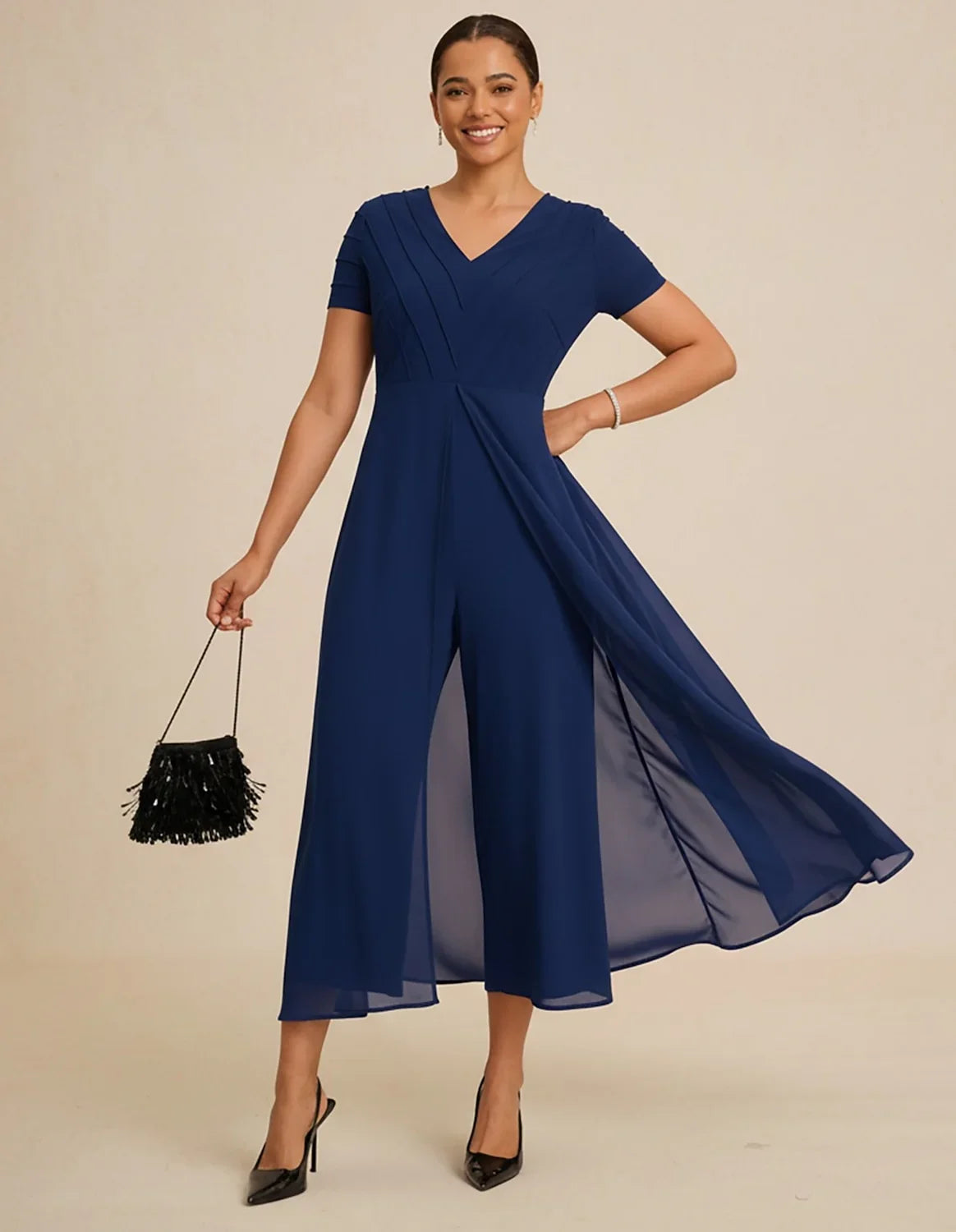 Paneled Design Faux Flowy Sheer Stretch Fabric Jumpsuit