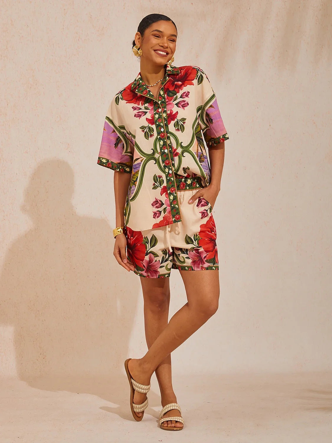 Hawaii Palm Airy Linen Look Floral Shirt