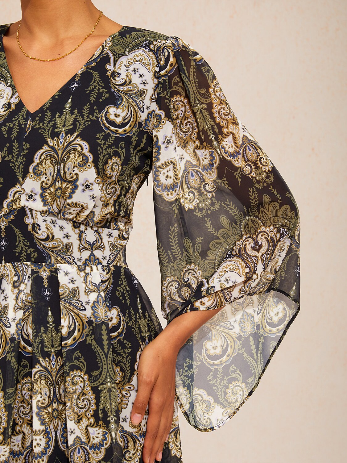 Green Mandala Floral Flowy Chiffon Maxi Dress