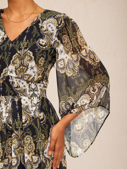 Green Mandala Floral Flowy Chiffon Maxi Dress