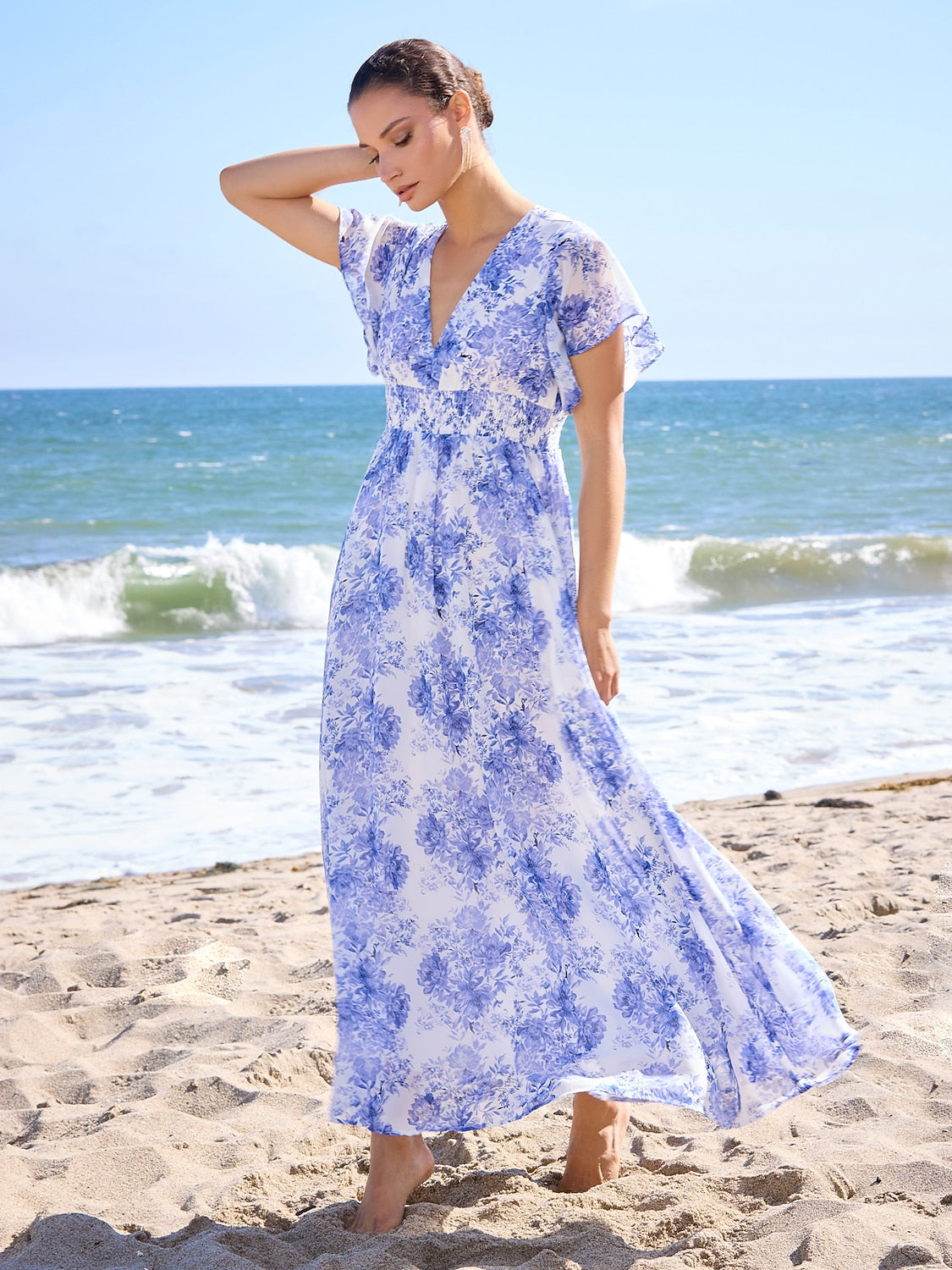 Chiffon Floral Short Sleeve V Neck Maxi Dress