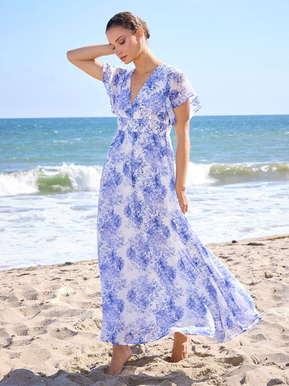 Chiffon Floral Short Sleeve V Neck Maxi Dress