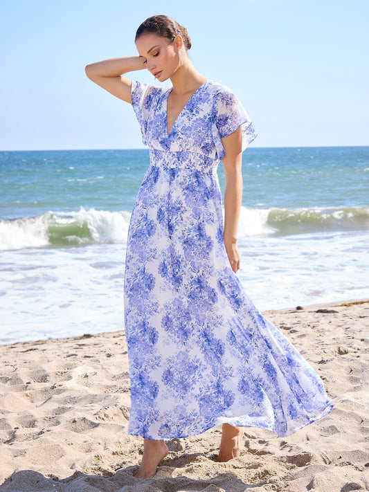 Chiffon Floral Short Sleeve V Neck Maxi Dress