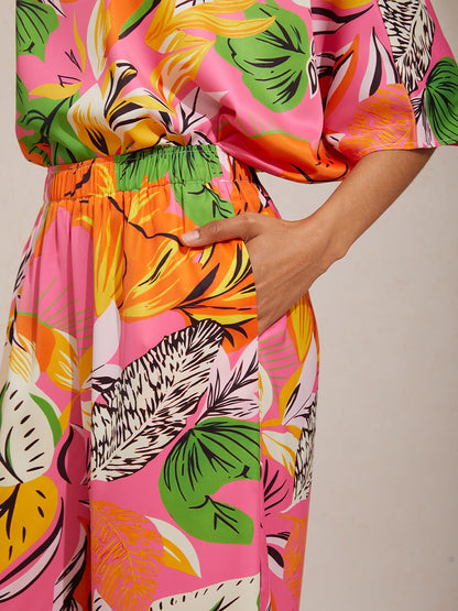 Pastel Floral Garden  Satin Wide Leg Pants