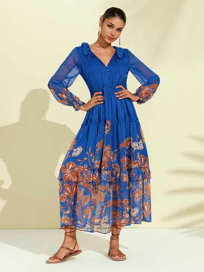 Chiffon Tropical Flowers Puff Sleeve Maxi Dress