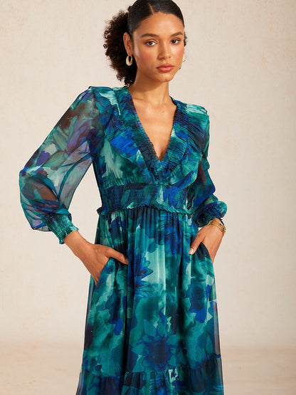 Ocean Bloom Reverie Flowy Chiffon Maxi Dress