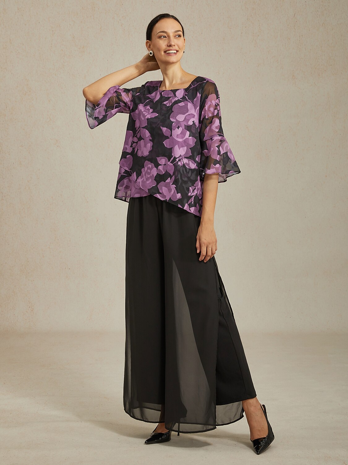 Purple Floral Print Round Neck Chiffon Blouse