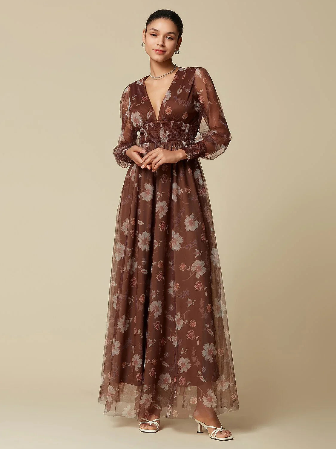 V-Neck Floral Mesh Maxi Dress