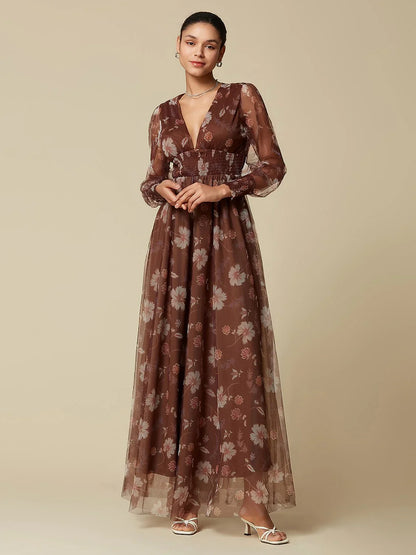 V-Neck Floral Mesh Maxi Dress