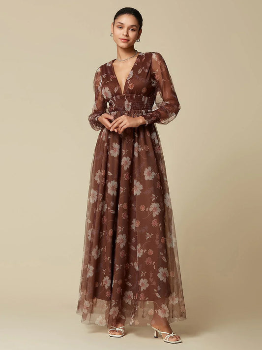 V-Neck Floral Mesh Maxi Dress