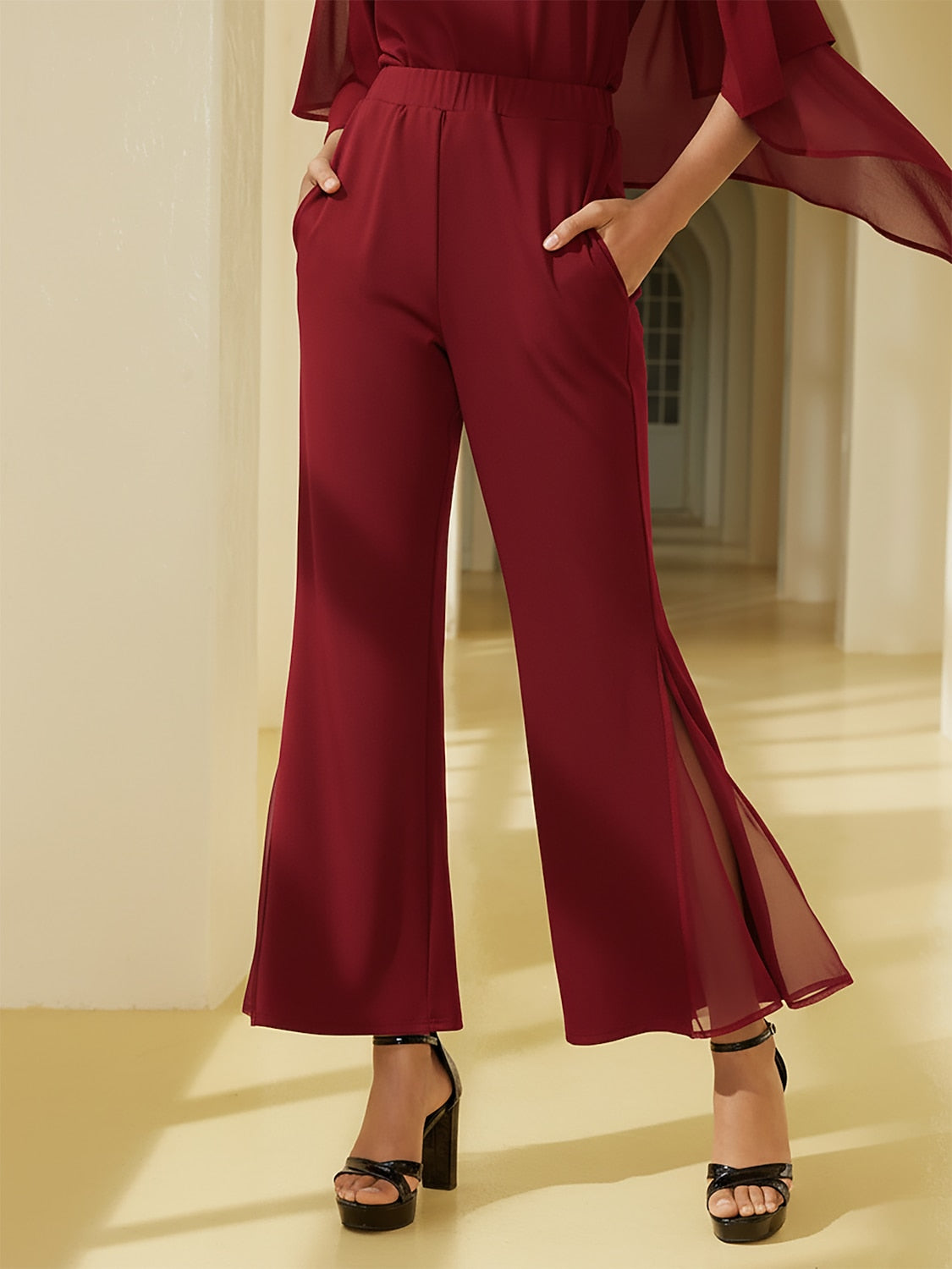 Elegant Chiffon Sheer Panels Flared Pants