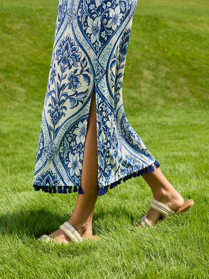 Azure Medallion Acetate Look Stretch Knit Maxi Dress