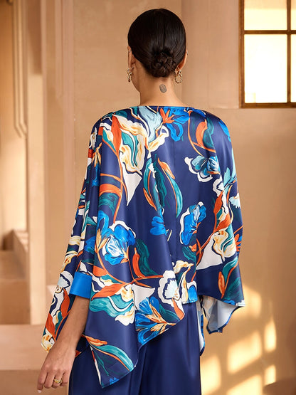 Blue Watercolor Iris Satin Batwing Top