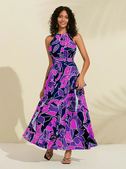 Chiffon Floral Print Halter Neck Ruffle Maxi Dress