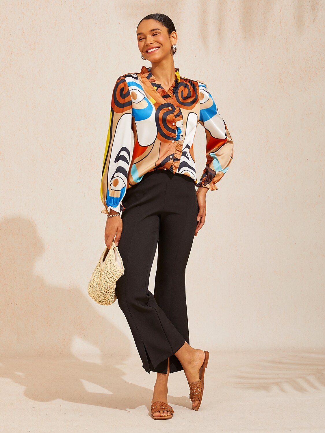 Abstract Art Silky Satin Ruffle Trim Blouse