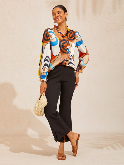 Abstract Art Silky Satin Ruffle Trim Blouse