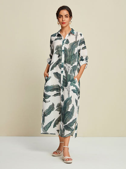 Tropical Leaves Print Maxi Dress
