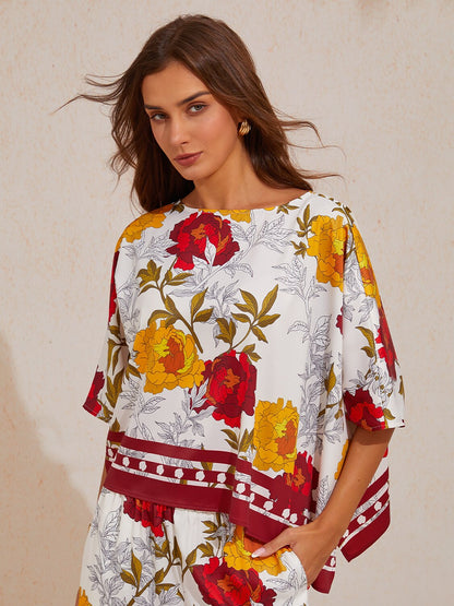 Amber Rose Tapestry Silky Satin Dolman Sleeve Top