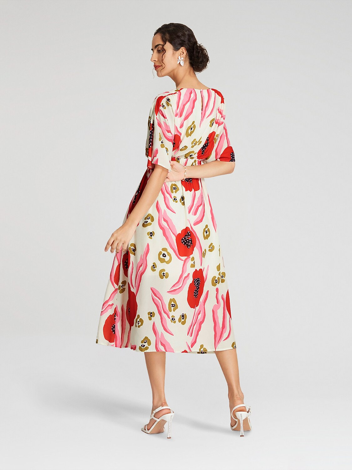 Floral Elastic Waist Half Sleeve Midi Dress